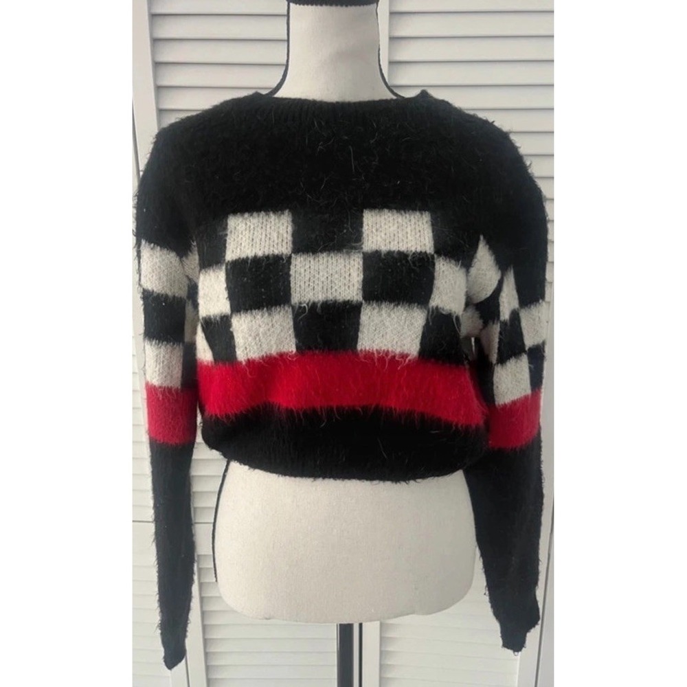 Nasty Gal Motocross B&W Checkered Crop Sweater Women Small